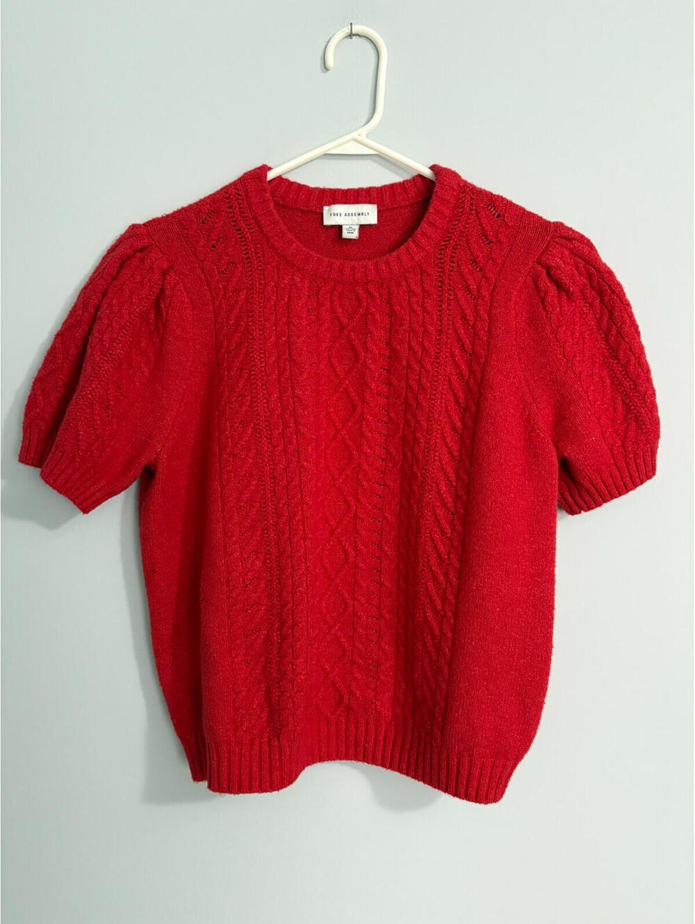 Free Assembly Women's Red Cotton Sweater Size  XL Short Sleeve Cable Knit
